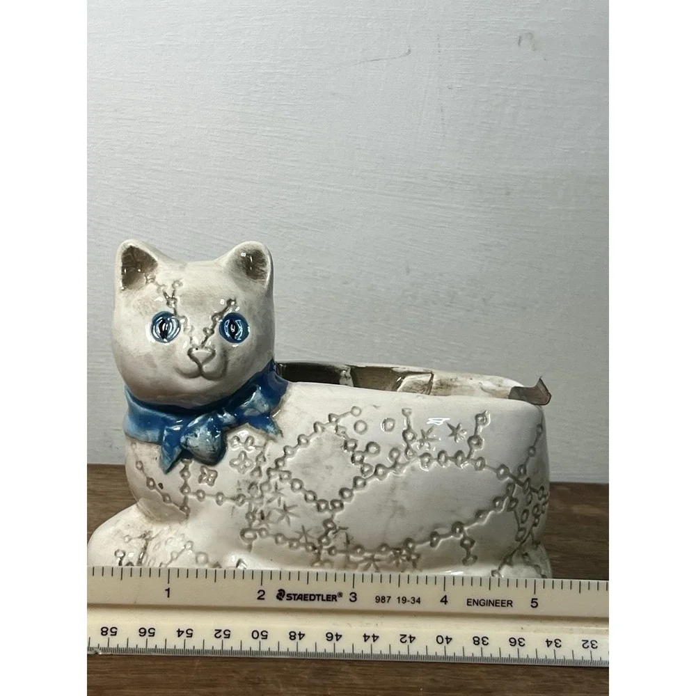 Vtg Ceramic Cat Tape Dispenser Hippy Celestial Ceramic Animal Wizard Stars Witch
